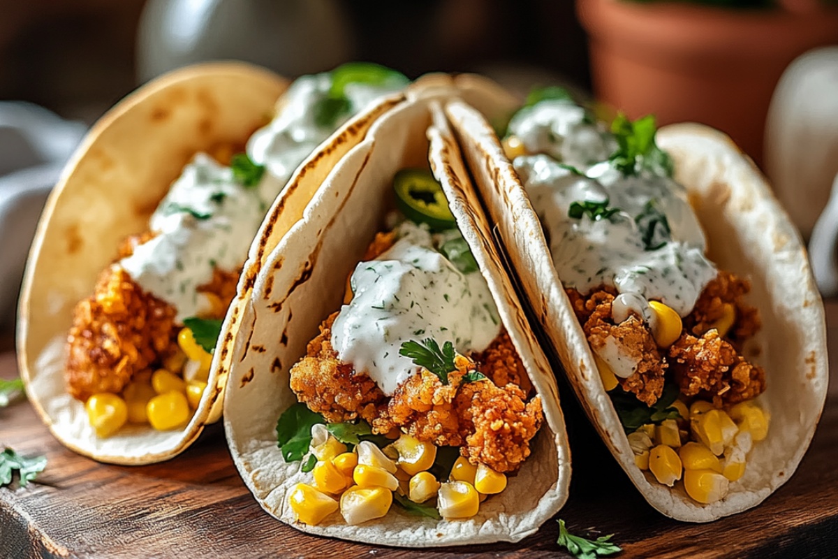 Fried Chicken Street Corn Tacos With Jalapeno Lime Ranch Sauce Recipe