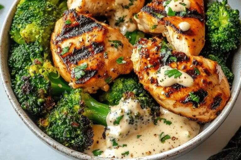 Grilled Chicken & Broccoli Bowls with Creamy Garlic Sauce Recipe