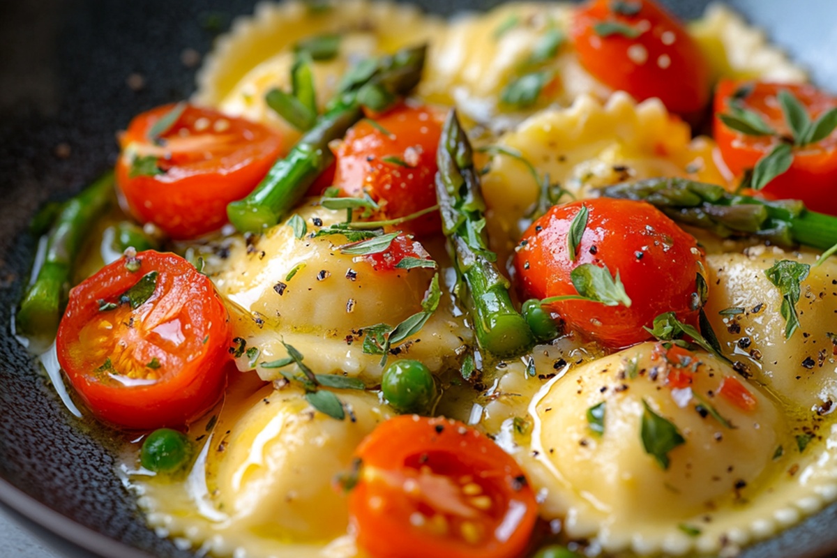 Ravioli With Tomatoes, Asparagus, Garlic Herbs Recipe