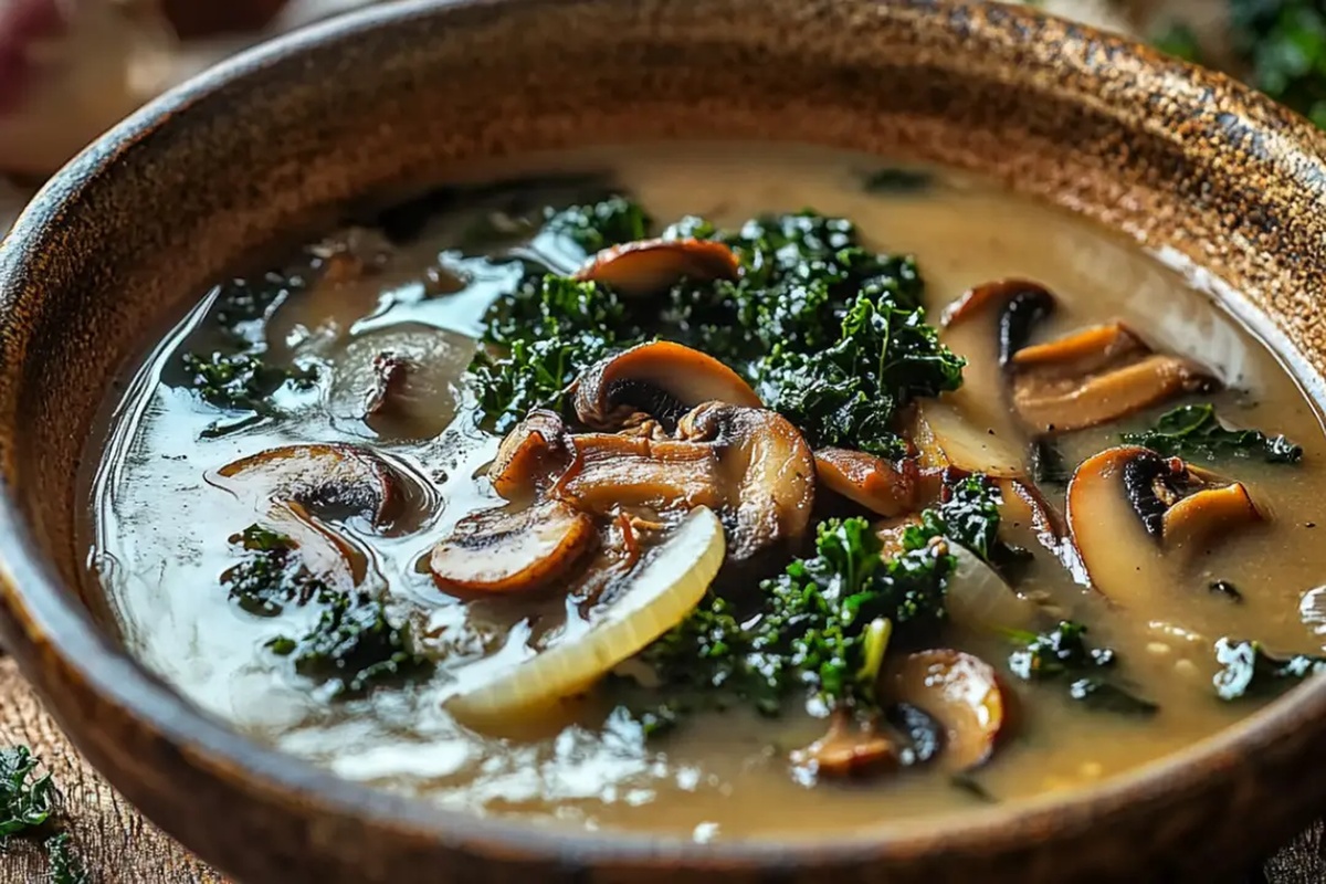 Wild Mushroom, Caramelized Onion, And Kale Soup Recipe