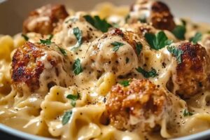 Italian Garlic Chicken Meatballs With Creamy Bowties Recipe