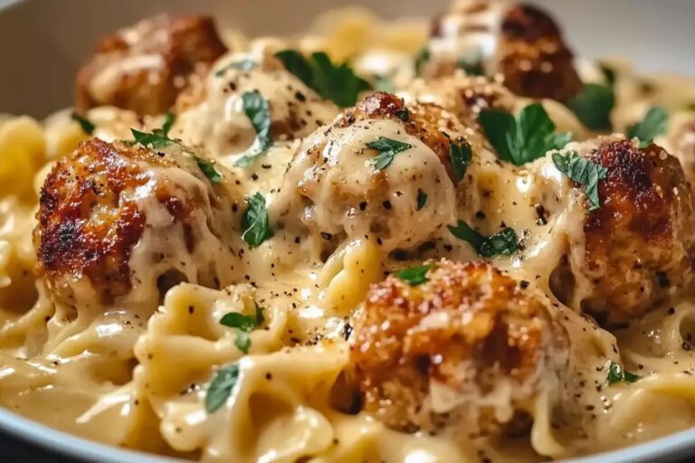 Italian Garlic Chicken Meatballs With Creamy Bowties Recipe