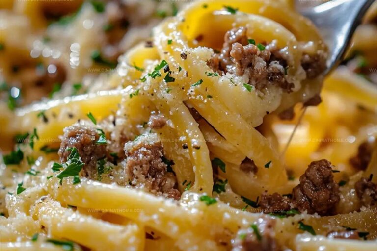 Cheesy Garlic Butter Linguine Pasta With Savory Ground Beef Recipe